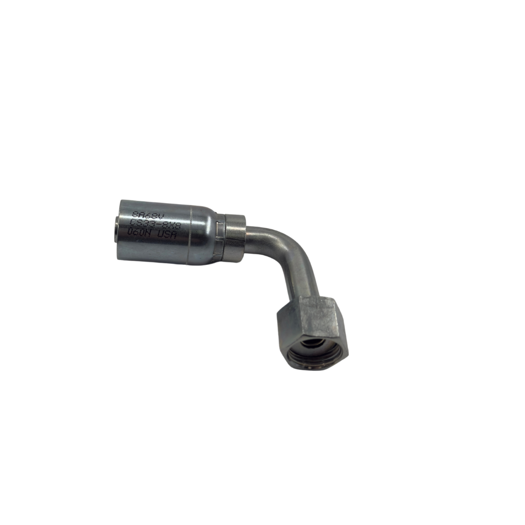 Hydraulic Hose Fitting – 90° Female Swivel Elbow – O-Ring Face Seal (ORF) – 1/2" Hose – 1/2" Pipe – Long Drop – Trivalent Zinc Plated