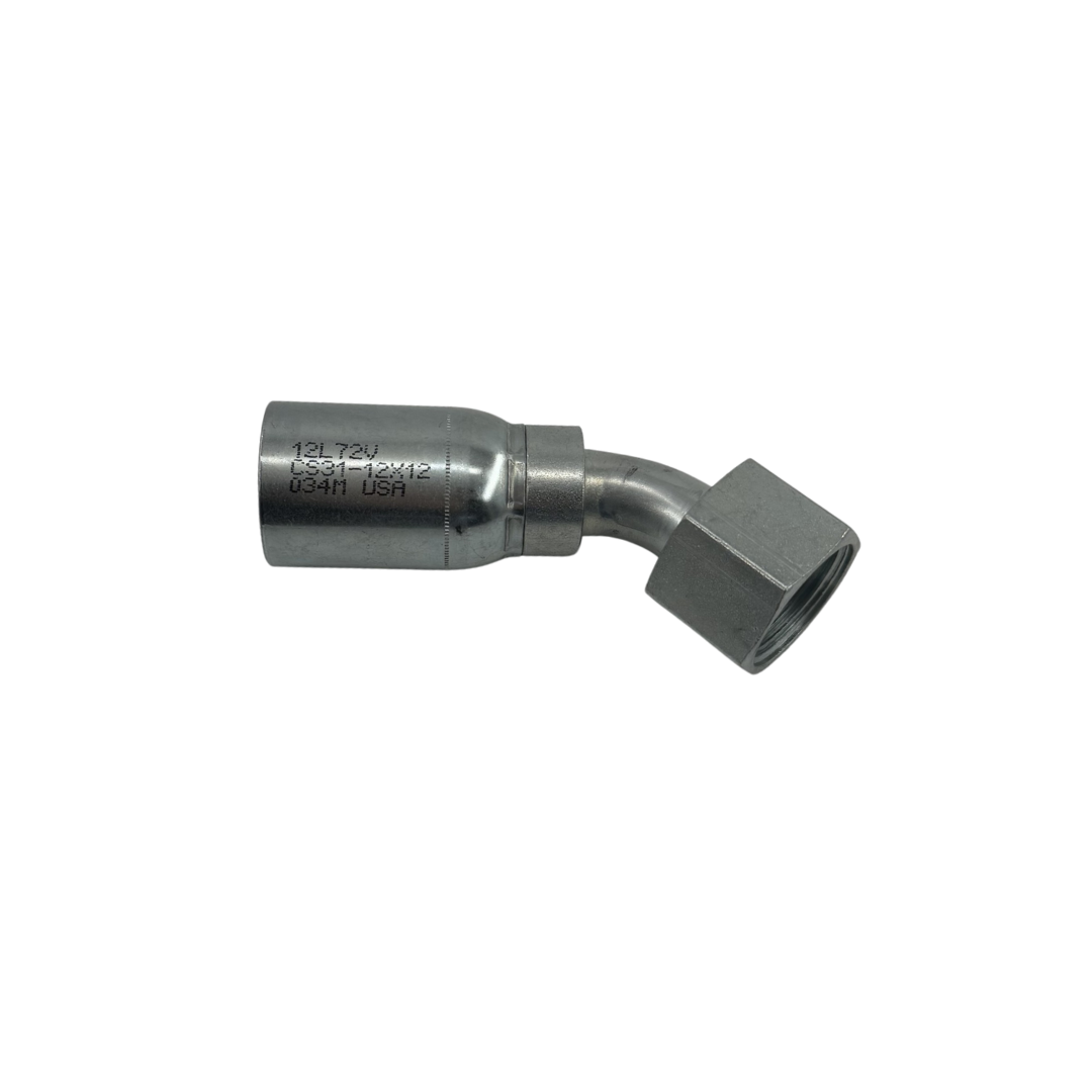 Hydraulic Hose Fitting – 45° Female Swivel Elbow – O-Ring Face Seal (ORF) – 3/4" Hose – 3/4" Pipe – Trivalent Zinc Plated