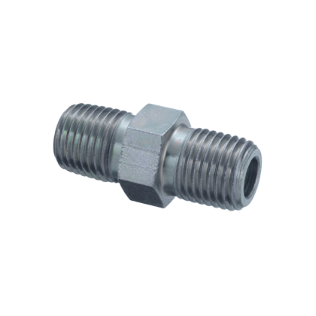 Hydraulic Hex Nipple – 3/4" Male NPTF x 3/4" Male NPTF – Carbon Steel, 1-1/8" Hex, Zinc-Plated