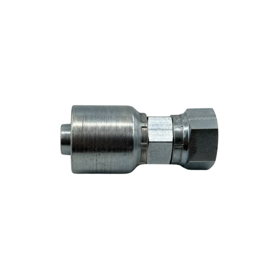 Hydraulic Hose Fitting – Straight Female Swivel – Grip Crimp – JIC 37° Flare – 3/8" Hose x 3/8"-18 Thread – Trivalent Zinc Plated